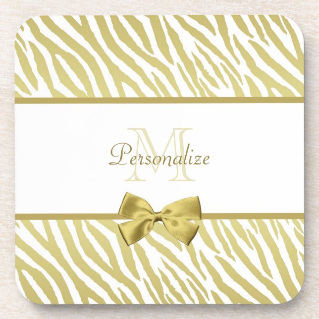 Glamorous White and Gold Zebra Print With Name Beverage Coaster (Front)