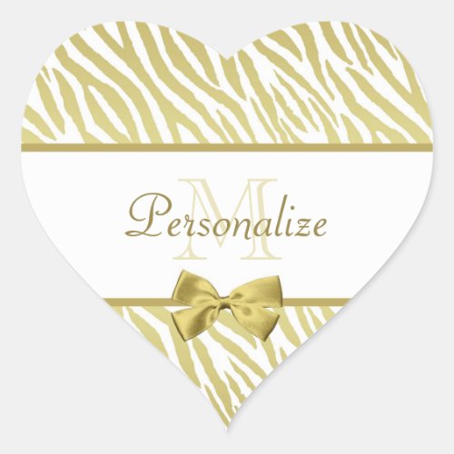 Glamorous White and Gold Zebra Print With Name Heart Sticker