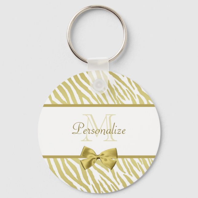Glamorous White and Gold Zebra Print With Name Keychain (Front)