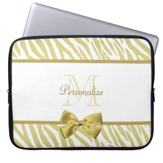 Glamorous White and Gold Zebra Print With Name Laptop Sleeve