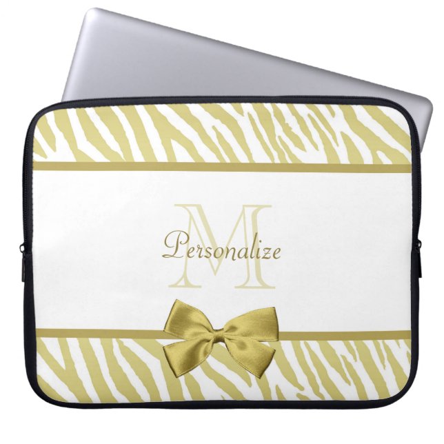 Glamorous White and Gold Zebra Print With Name Laptop Sleeve (Front)