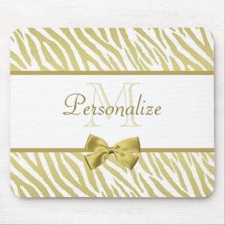 Glamorous White and Gold Zebra Print With Name Mouse Pad