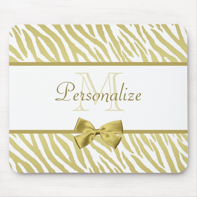 Glamorous White and Gold Zebra Print With Name Mouse Pad (Front)
