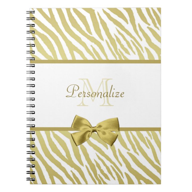 Glamorous White and Gold Zebra Print With Name Notebook (Front)
