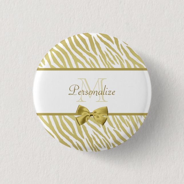 Glamorous White and Gold Zebra Print With Name Pinback Button (Front)