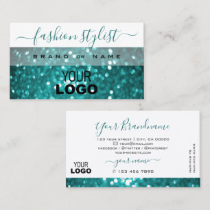 Glamorous White and Teal Sparkle Glitter with Logo Business Card