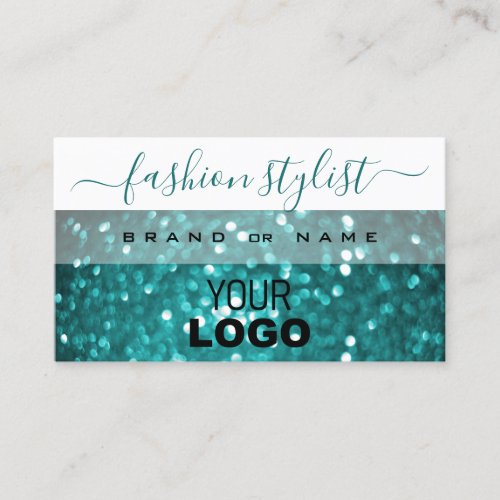 Glamorous White and Teal Sparkle Glitter with Logo Business Card