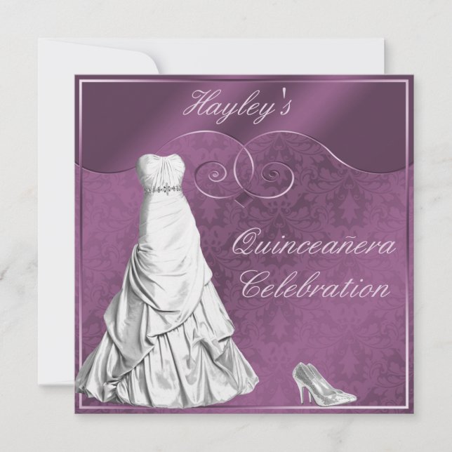 Glamorous White Ball Gown Purple Quinceanera Invitation (Front)