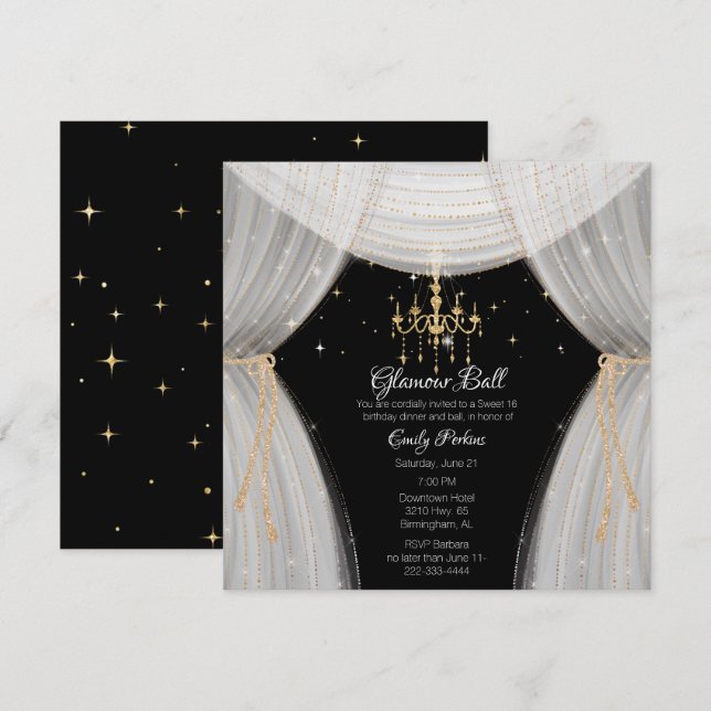Glamorous White Black and Gold Sweet Sixteen  Invi Invitation (Front/Back)