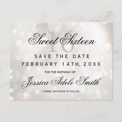 Glamorous White Glitter  Sweet 16 save the date Postcard