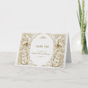 Glamorous White Gold Art Deco Peacocks Thank you Card