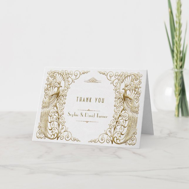 Glamorous White Gold Art Deco Peacocks Thank you Card (Front)