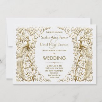 Glamorous White Gold Art Deco Peacocks Wedding Invitation