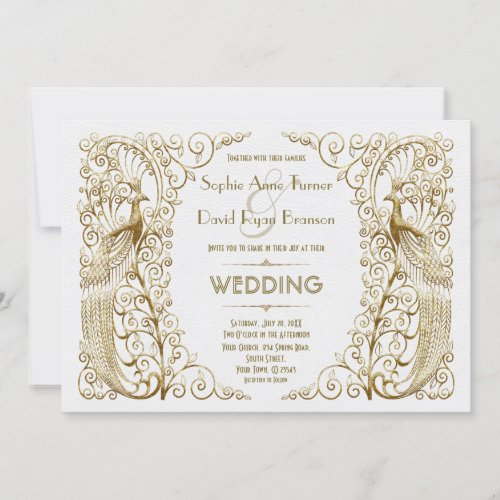 Glamorous White Gold Art Deco Peacocks Wedding Invitation