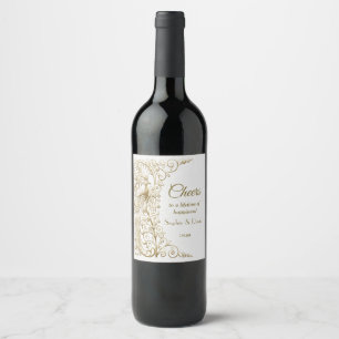 Glamorous White Gold Art Deco Peacocks Wedding Wine Label