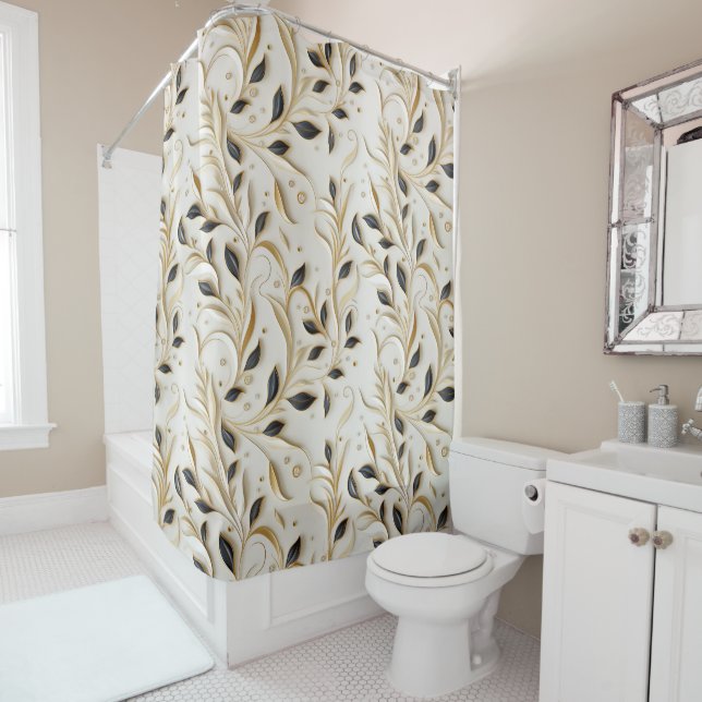 Glamorous White Gold & Black Seamless Patterns Shower Curtain (In Situ)