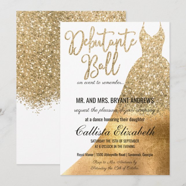 Glamorous White Gold Glitter Dress Debutante Dance Invitation (Front/Back)