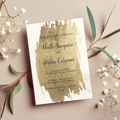 Glamorous white gold paint brush strokes wedding invitation