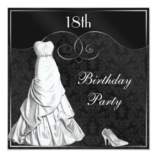 Glamorous White Gown Black Silver 18th Birthday Invitation | Zazzle.com