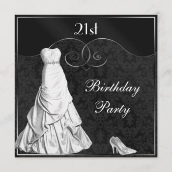 Glamorous White Gown Black Silver 21st Birthday Invitation by AJ_Graphics at Zazzle