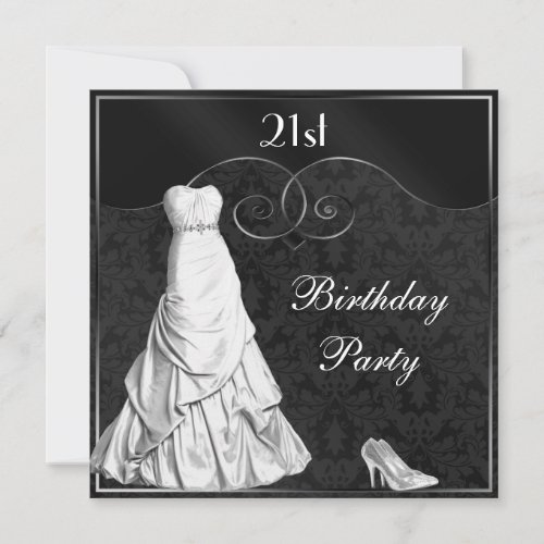 Glamorous White Gown Black Silver 21st Birthday Invitation