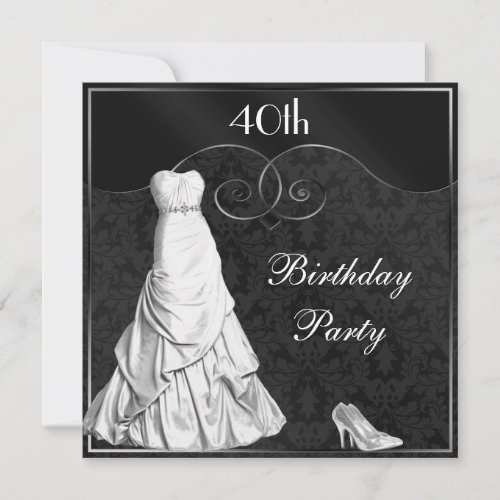 Glamorous White Gown Black Silver 40th Birthday Invitation