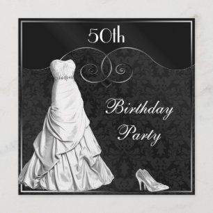 Glamorous White Gown Black Silver 50th Birthday Invitation