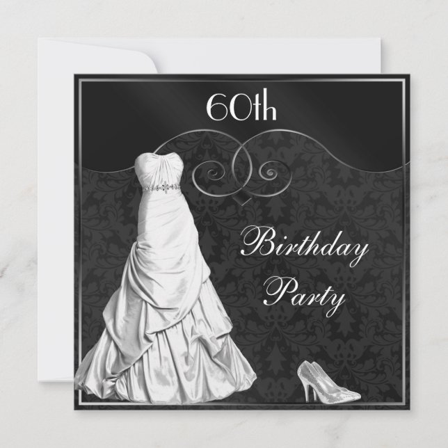Glamorous White Gown Black Silver 60th Birthday Invitation (Front)