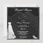 Glamorous White Gown Black Silver Bridal Shower Invitation (Back)