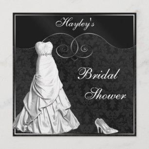 Glamorous White Gown Black Silver Bridal Shower Invitation