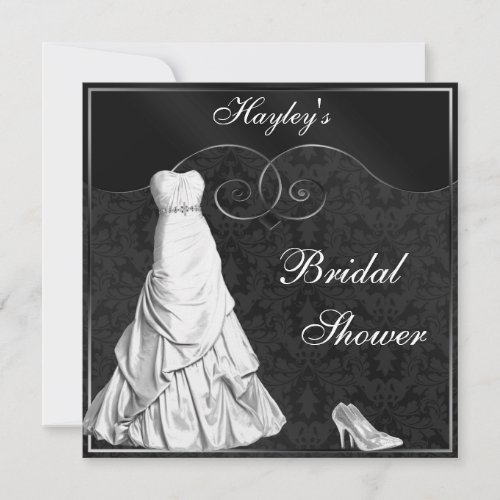 Glamorous White Gown Black Silver Bridal Shower Invitation