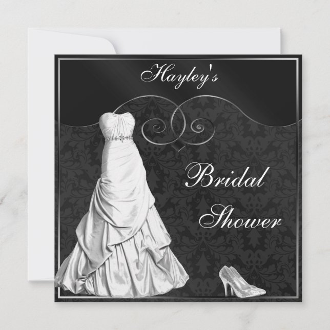 Glamorous White Gown Black Silver Bridal Shower Invitation (Front)