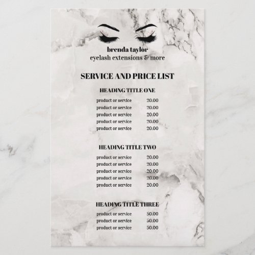 Glamorous white marble EYELASH SALON SERVICE LIST Flyer