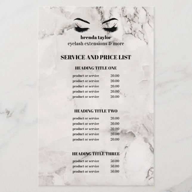 Glamorous white marble EYELASH SALON SERVICE LIST Flyer (Front)