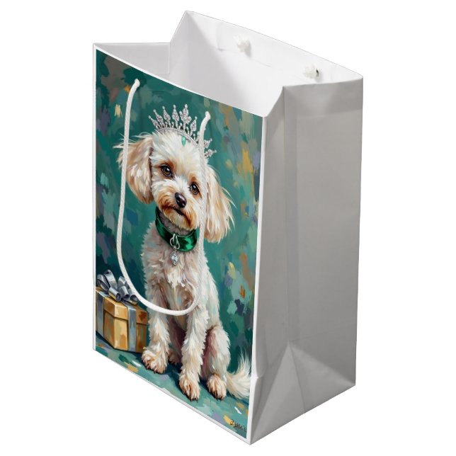 Glamorous White Poodle Princess Christmas Art Medium Gift Bag (Front Angled)