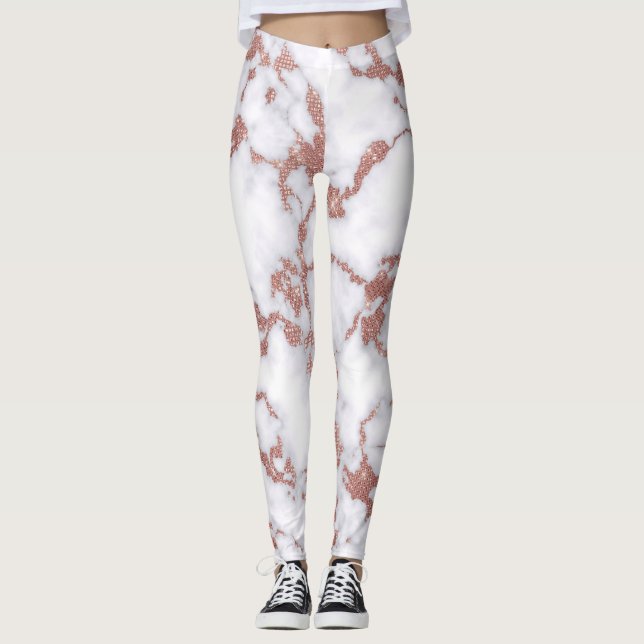 Glamorous White Rose Gold Glitter Marble Pattern Leggings (Front)