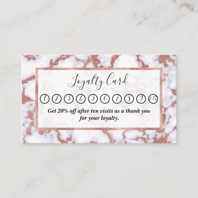Glamorous White Rose Gold Glitter Marble Pattern Loyalty Card (Front)