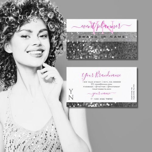 Glamorous White Silver Sparkling Glitter Monogram Business Card