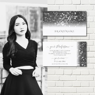 Glamorous White Silver Sparkling Glitter Monogram Business Card