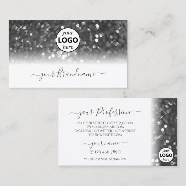 Glamorous White Silver Sparkling Glitter with Logo Business Card (Front/Back)