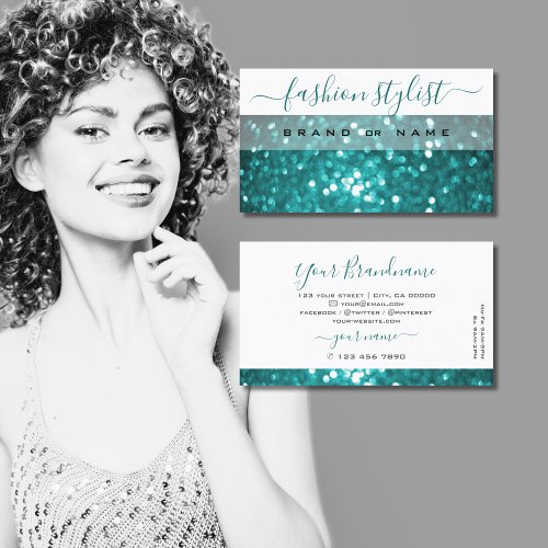 Glamorous White Teal Sparkle Glitter Professional Business Card