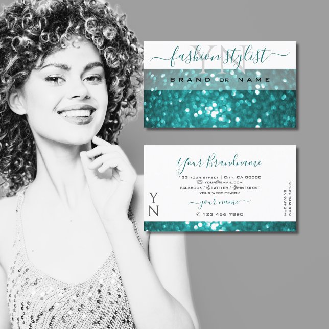 Glamorous White Teal Sparkle Glitter with Monogram Business Card (Creator Uploaded)