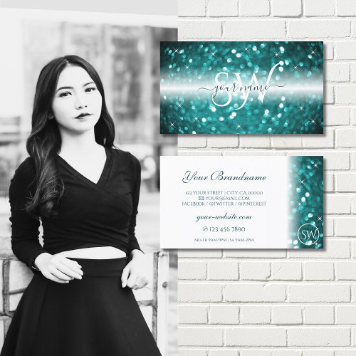 Glamorous White Teal Sparkling Glitter Initials Business Card