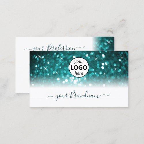 Glamorous White Teal Sparkling Glitter with Logo Business Card
