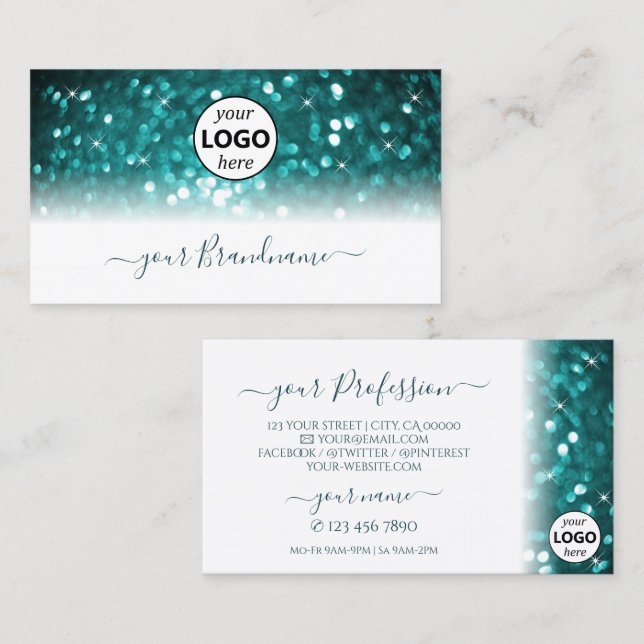 Glamorous White Teal Sparkling Glitter with Logo Business Card (Front/Back)