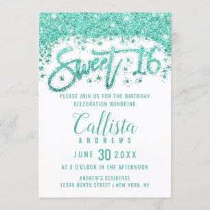 Glamorous White Turquoise Glitter Dust Sweet 16 Invitation