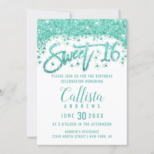 Glamorous White Turquoise Glitter Dust Sweet 16 Invitation