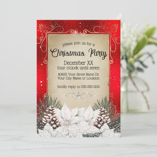 Glamorous Winter Floral White Poinsettias on Red Invitation (Standing Front)