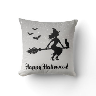 Glamorous Witch Gray And Black Happy Halloween Throw Pillow