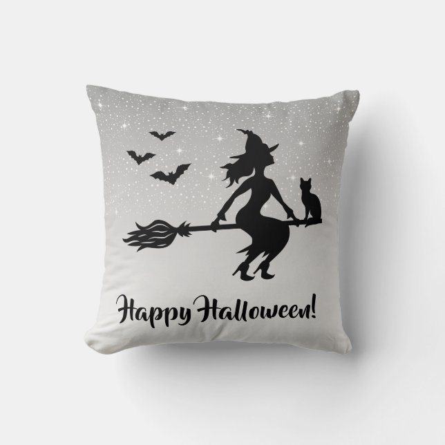 Glamorous Witch Gray And Black Happy Halloween Throw Pillow (Front)
